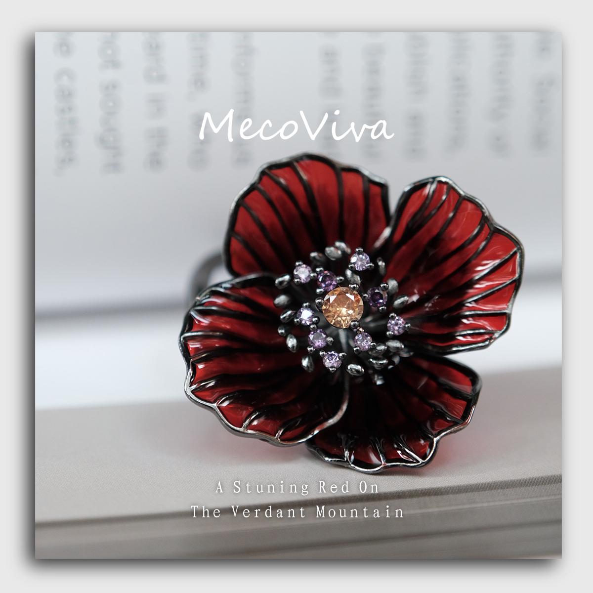 【MecoViva】 925 Silver Enamel Premium Women Ring High-End Temperament Original Unique Blooming Meconopsis Castanea Series Design Styles Ring Natural Art Female Fashion Ring