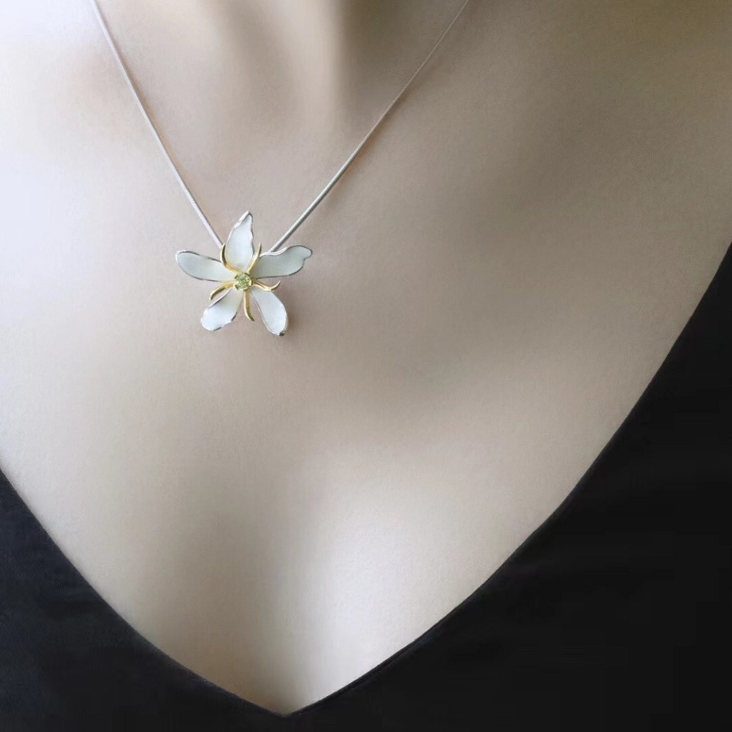 【MecoViva】 925 Silver Enamel Premium Women Long Necklace+Pendant Set High-End Temperament Original Unique Coffee Flower Design Styles Pendant Natural Art Female Fashion Long Necklace