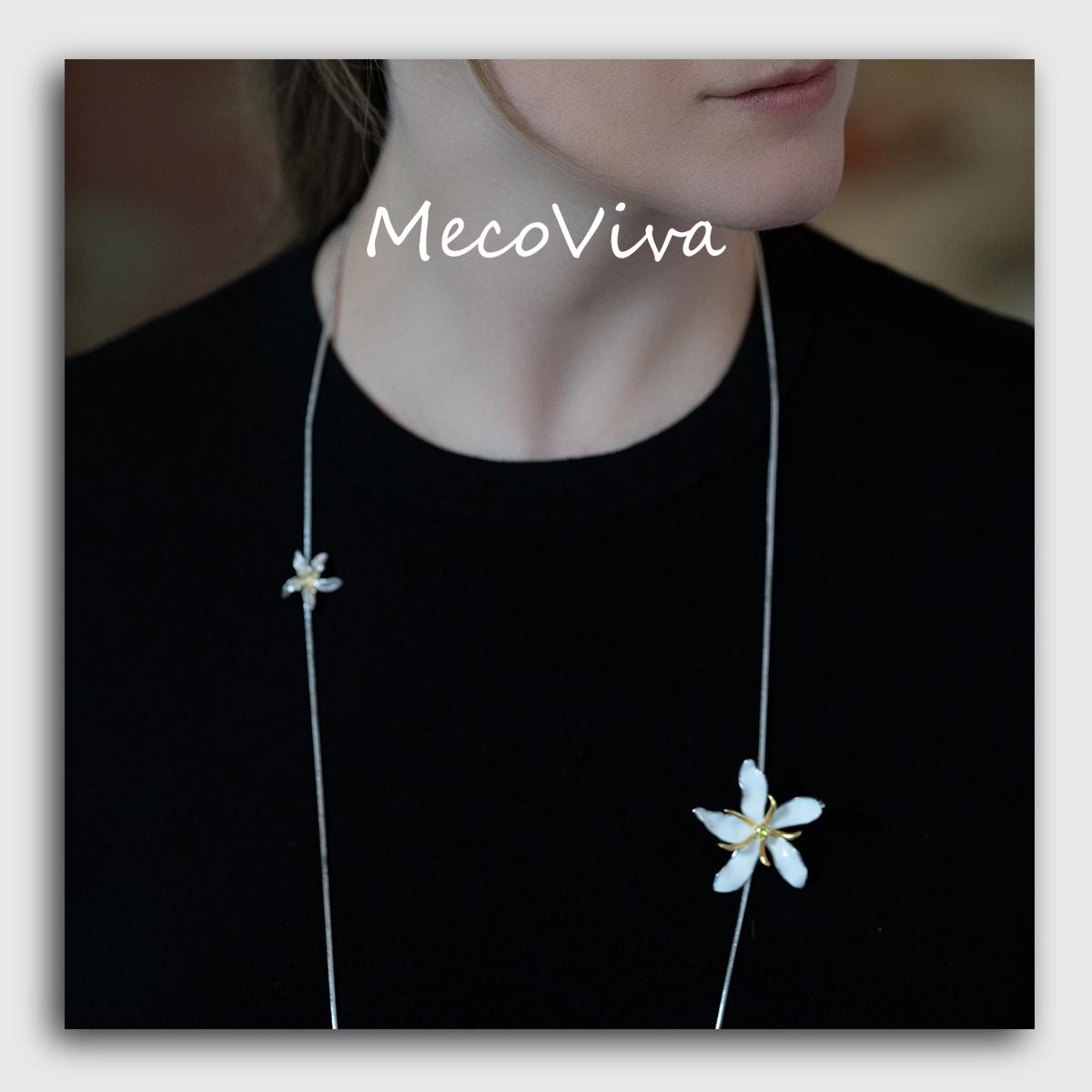 【MecoViva】 925 Silver Enamel Premium Women Long Necklace+Pendant Set High-End Temperament Original Unique Coffee Flower Design Styles Pendant Natural Art Female Fashion Long Necklace