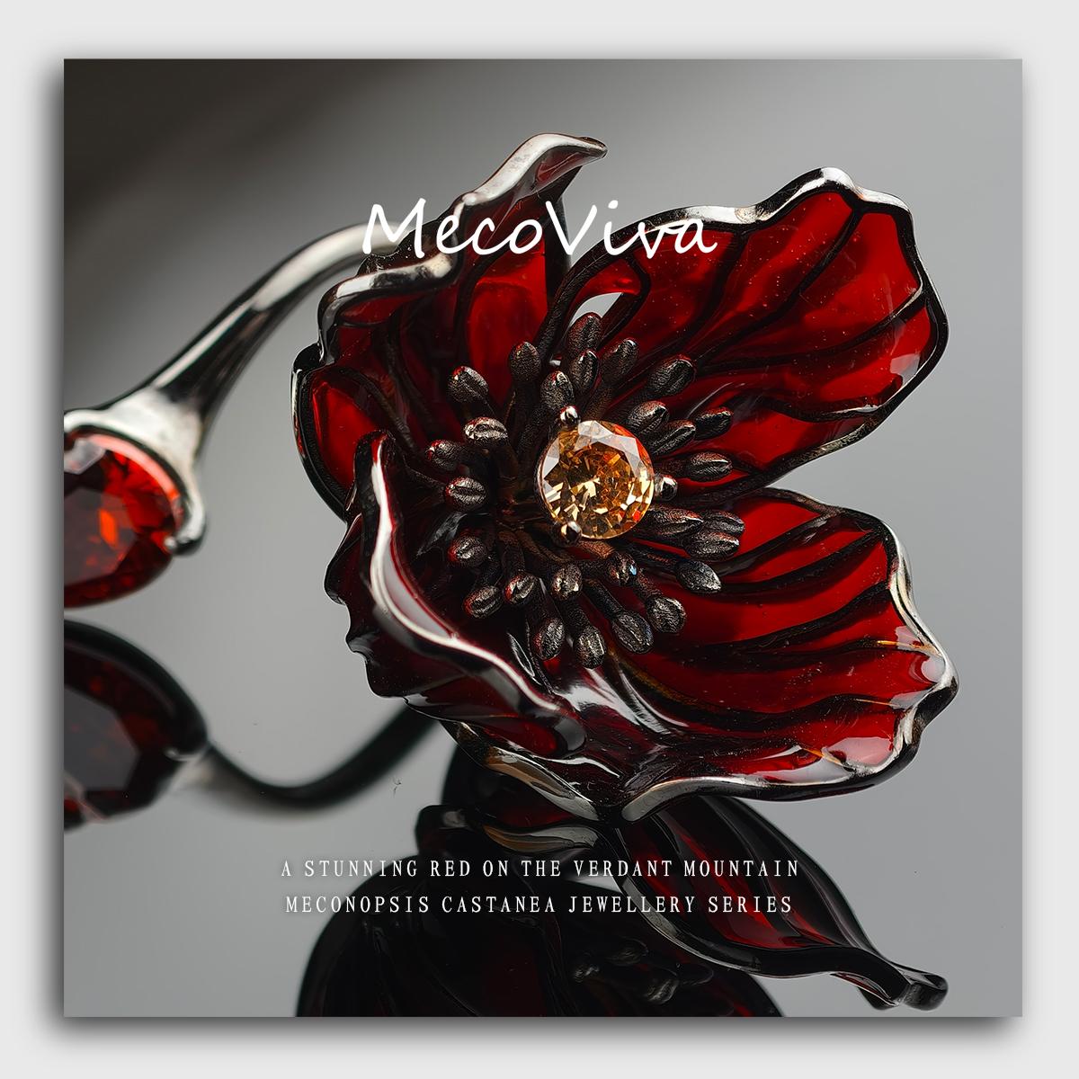 【MecoViva】 925 Silver Enamel Premium Women Ring High-End Temperament Original Unique Blooming Meconopsis Castanea Series Design Styles Ring Natural Art Female Fashion Ring
