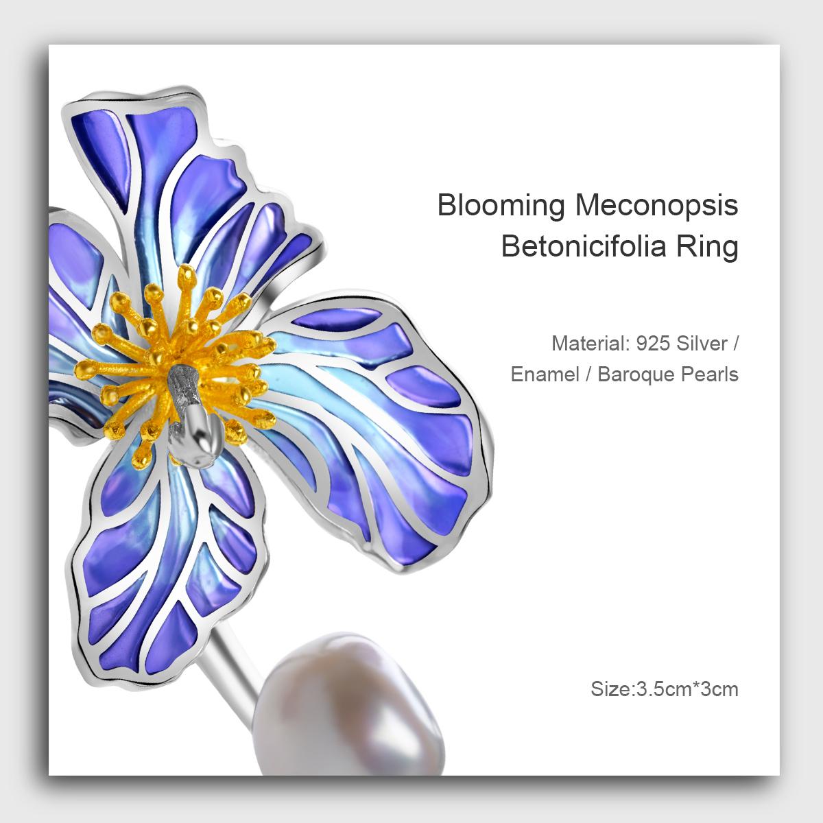 【MecoViva】 925 Silver Enamel Baroque Pearls Premium Women Ring High-End Temperament Original Unique Blooming Meconpsis Betonicifolia Series Design Styles Ring Natural Art Female Fashion Ring