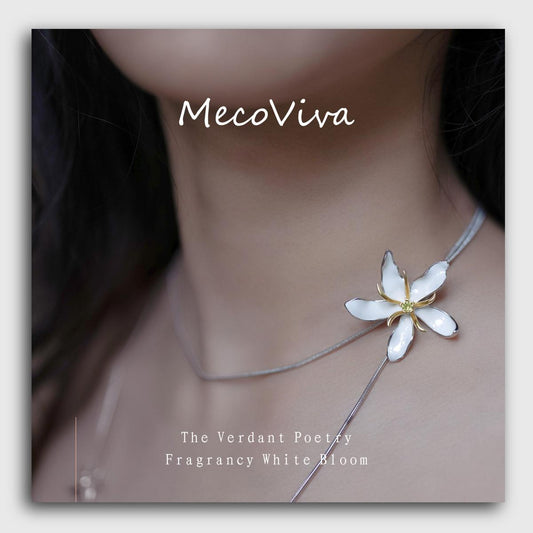 【MecoViva】 925 Silver Enamel Premium Women Long Necklace+Pendant Set High-End Temperament Original Unique Coffee Flower Design Styles Pendant Natural Art Female Fashion Long Necklace