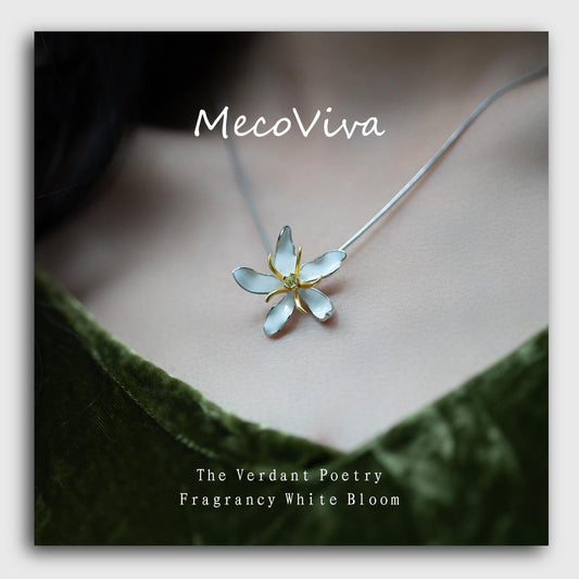 【MecoViva】 925 Silver Enamel Premium Women Short Necklace+Pendant Set High-End Temperament Original Unique Coffee Flower Design Styles Pendant Natural Art Female Fashion Short Necklace