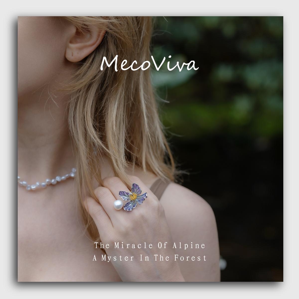 【MecoViva】 925 Silver Enamel Baroque Pearls Premium Women Ring High-End Temperament Original Unique Blooming Meconpsis Betonicifolia Series Design Styles Ring Natural Art Female Fashion Ring
