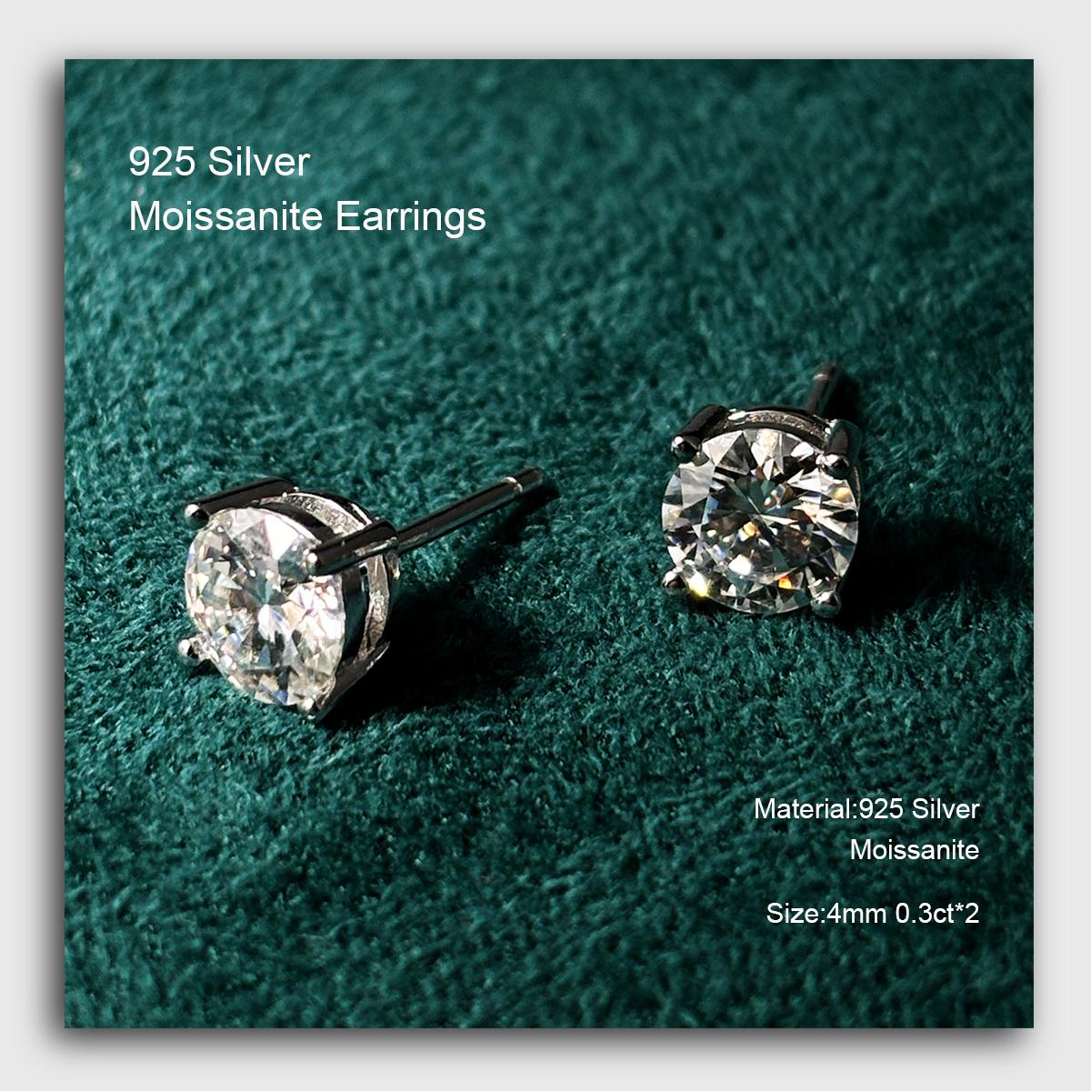 【MecoViva】925 Silver Moissanite Round Cut 4mm 0.3ct D Color 4 Prong 100% Legit 925 Sterling Silver Stud Earring for Woman  Premium Earrings Natural Art Female Fashion Earrings
