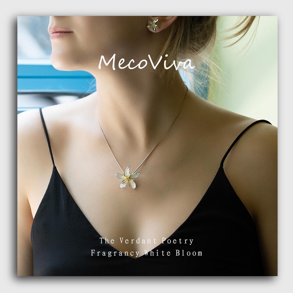 【MecoViva】 925 Silver Enamel Premium Women Short Necklace+Pendant Set High-End Temperament Original Unique Coffee Flower Design Styles Pendant Natural Art Female Fashion Short Necklace