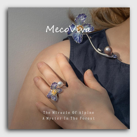 【MecoViva】 925 Silver Enamel Baroque Pearls Premium Women Ring High-End Temperament Original Unique Blooming Meconpsis Betonicifolia Series Design Styles Ring Natural Art Female Fashion Ring