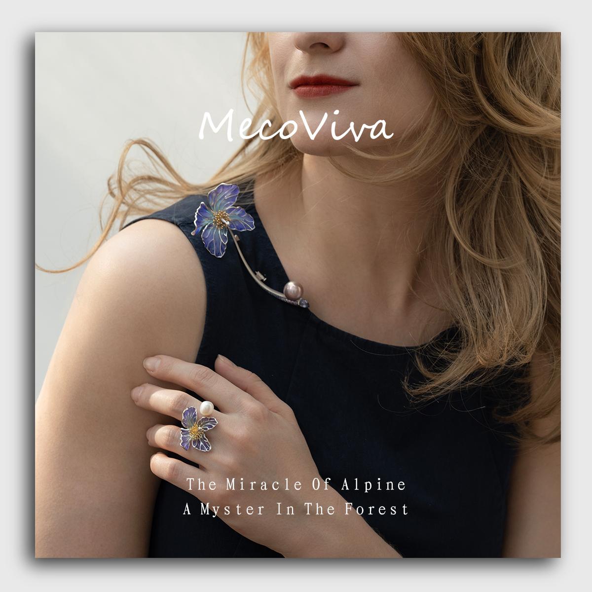 【MecoViva】 925 Silver Enamel Baroque Pearls Premium Women Ring High-End Temperament Original Unique Blooming Meconpsis Betonicifolia Series Design Styles Ring Natural Art Female Fashion Ring