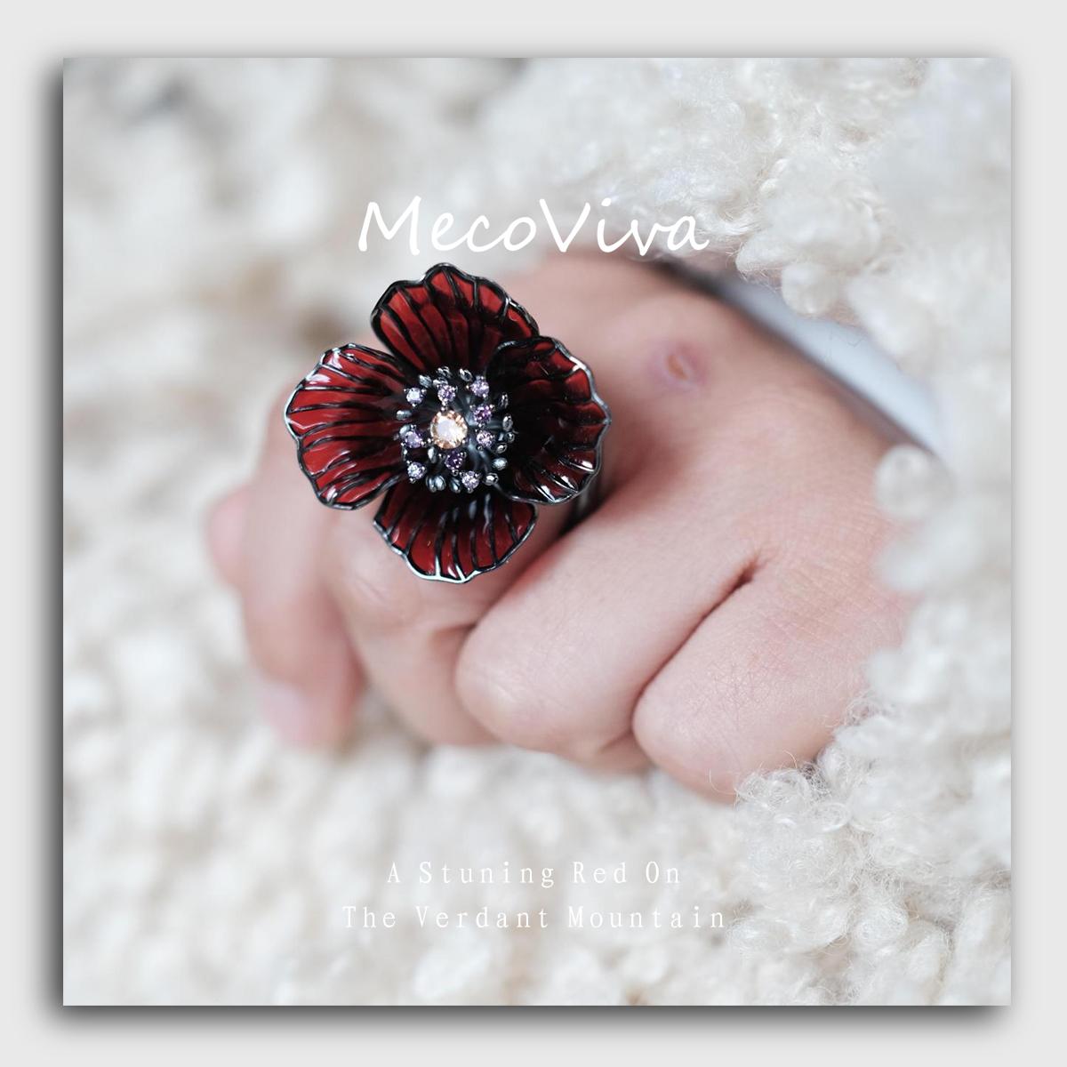 【MecoViva】 925 Silver Enamel Premium Women Ring High-End Temperament Original Unique Blooming Meconopsis Castanea Series Design Styles Ring Natural Art Female Fashion Ring