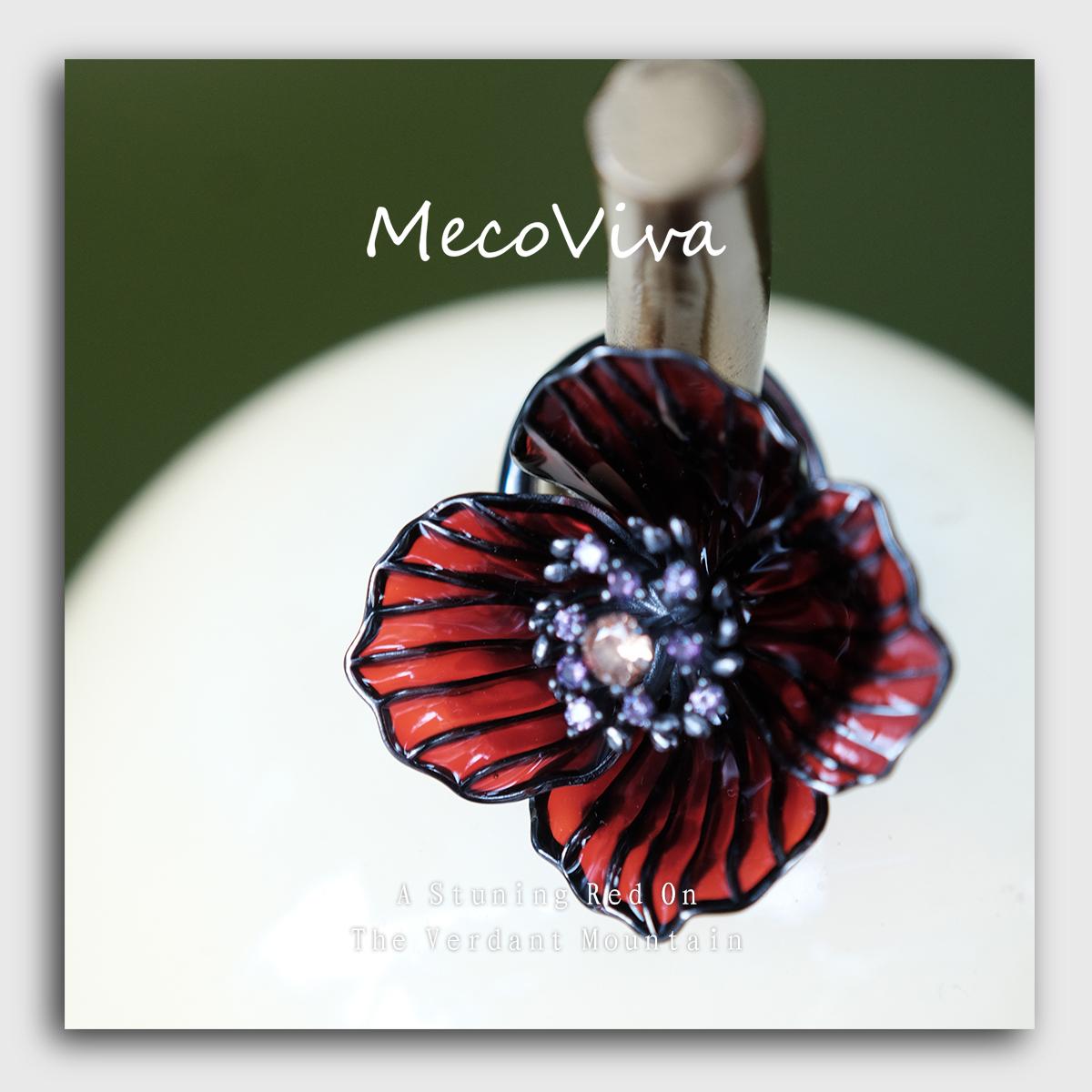 【MecoViva】 925 Silver Enamel Premium Women Ring High-End Temperament Original Unique Blooming Meconopsis Castanea Series Design Styles Ring Natural Art Female Fashion Ring
