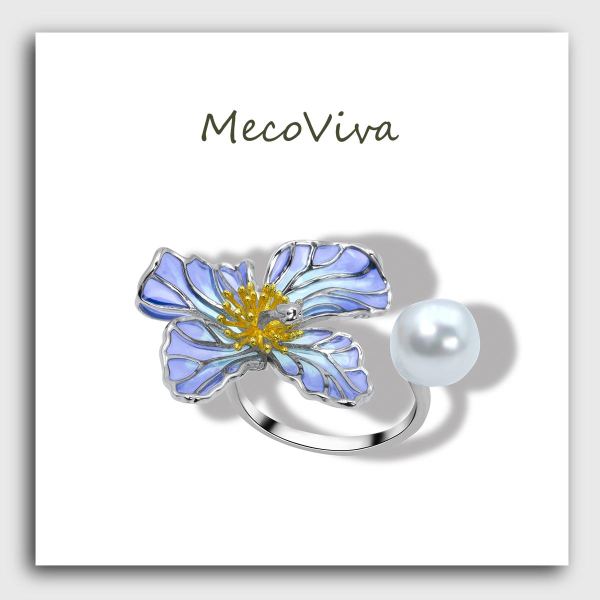 【MecoViva】 925 Silver Enamel Baroque Pearls Premium Women Ring High-End Temperament Original Unique Blooming Meconpsis Betonicifolia Series Design Styles Ring Natural Art Female Fashion Ring