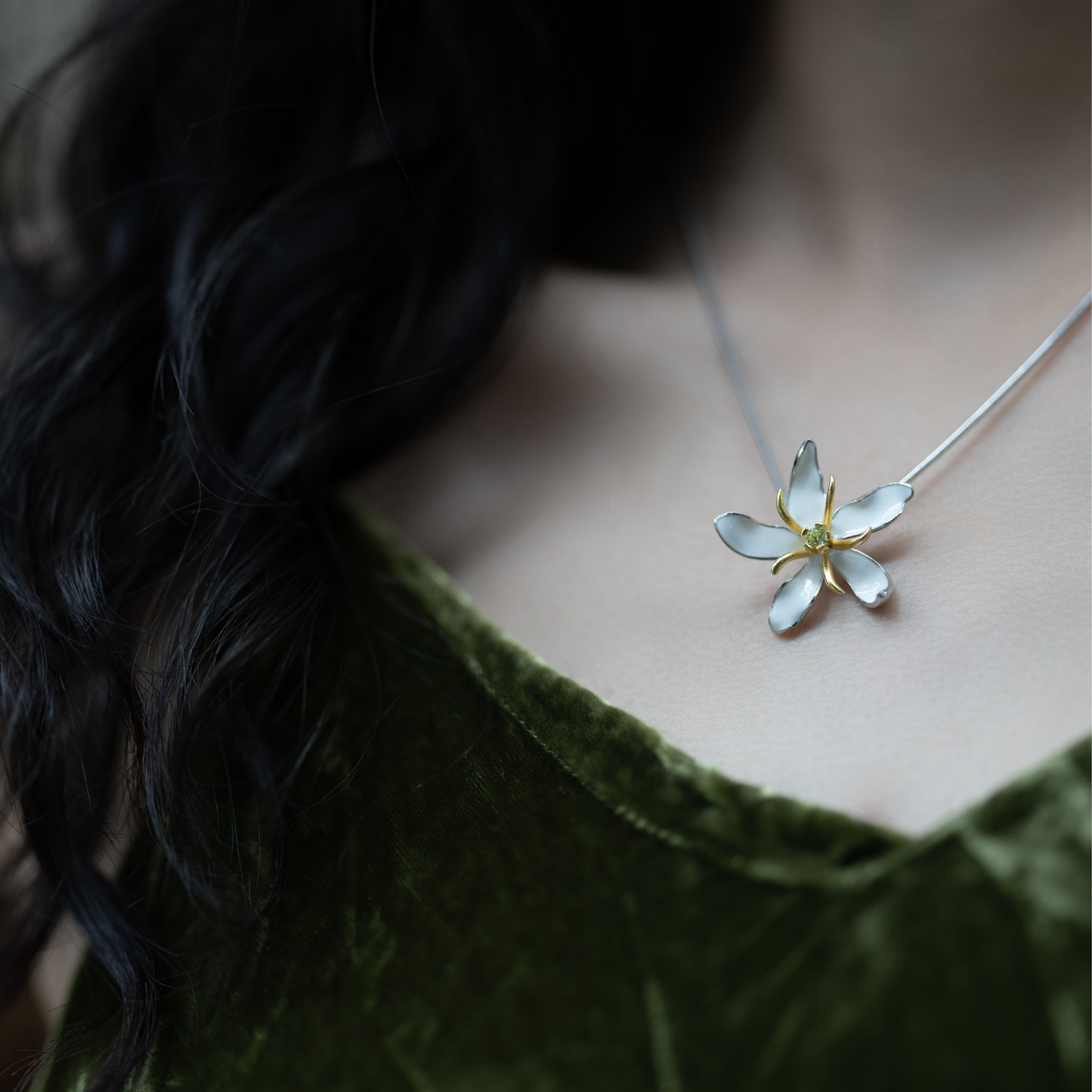 【MecoViva】 925 Silver Enamel Premium Women Long Necklace+Pendant Set High-End Temperament Original Unique Coffee Flower Design Styles Pendant Natural Art Female Fashion Long Necklace